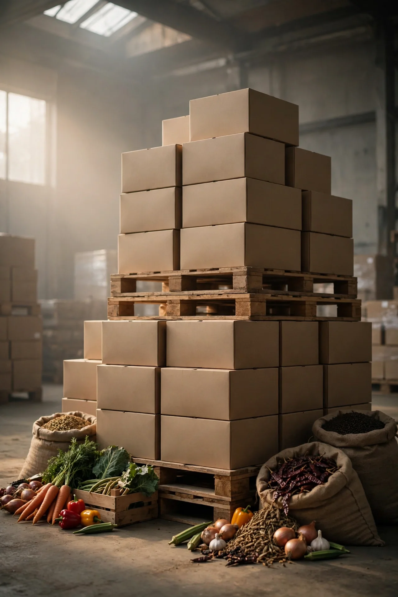 Stacked export cartons of meat, vegetables and spices