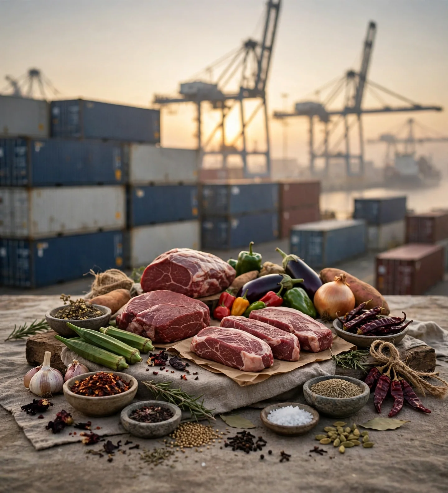 Refrigerated containers loaded at a port at sunrise