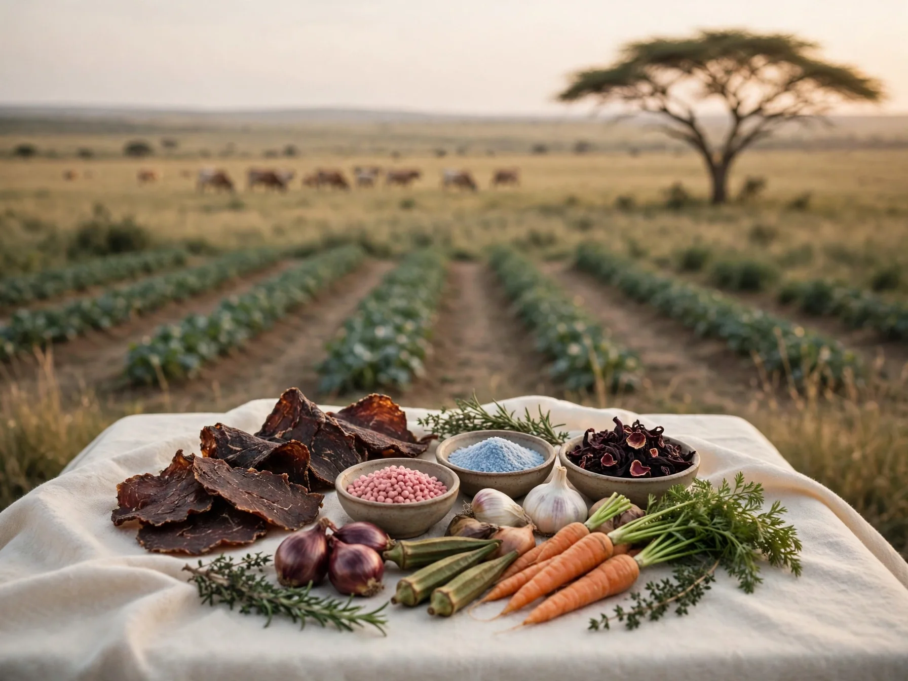 Farm landscape at golden hour with cattle and vegetable fields